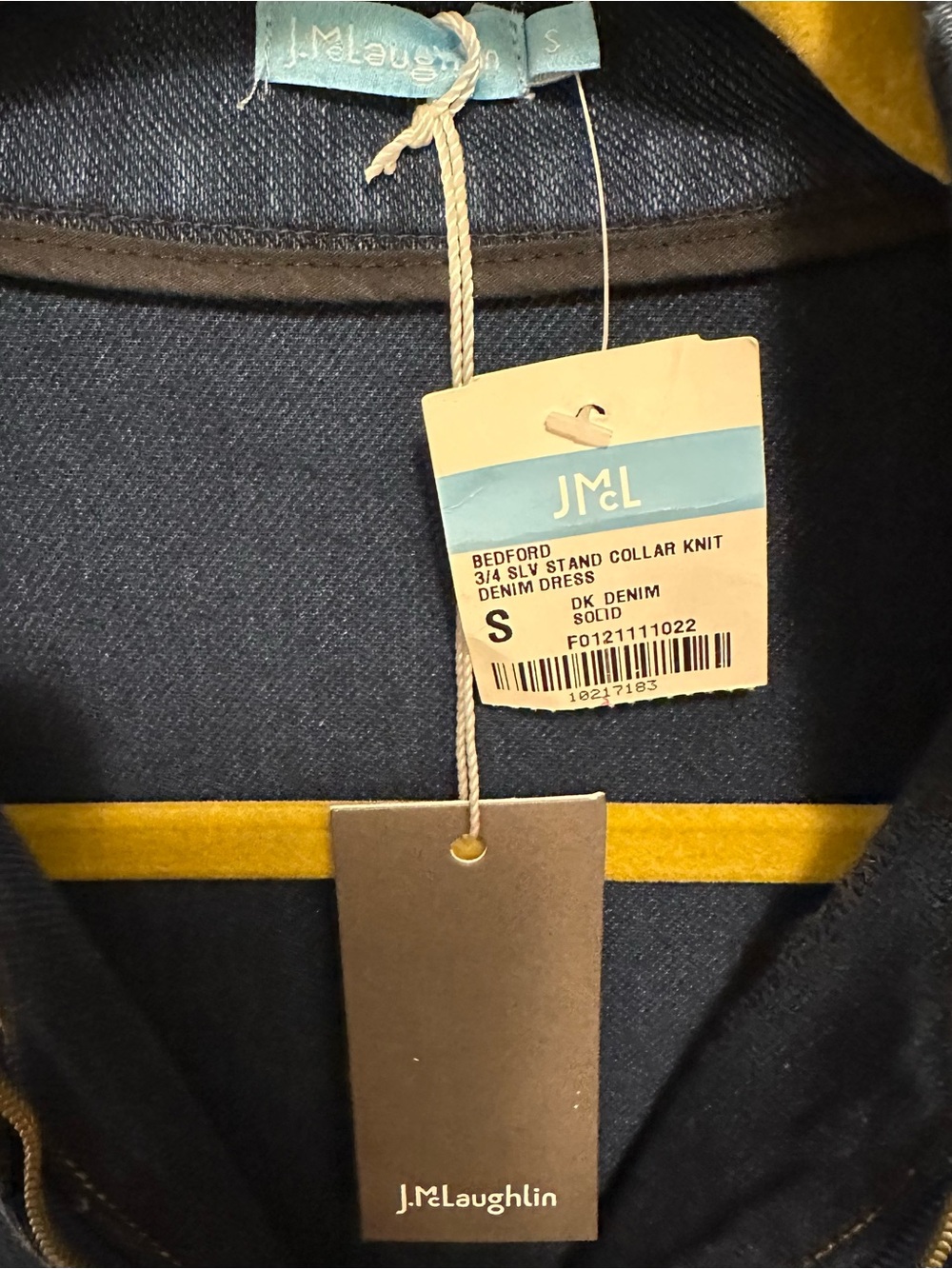 J. McLaughlin Bedford 3/4 Slv Mock Neck Knit Denim Dress S Dark Wash Fitted NEW - Picture 9 of 11